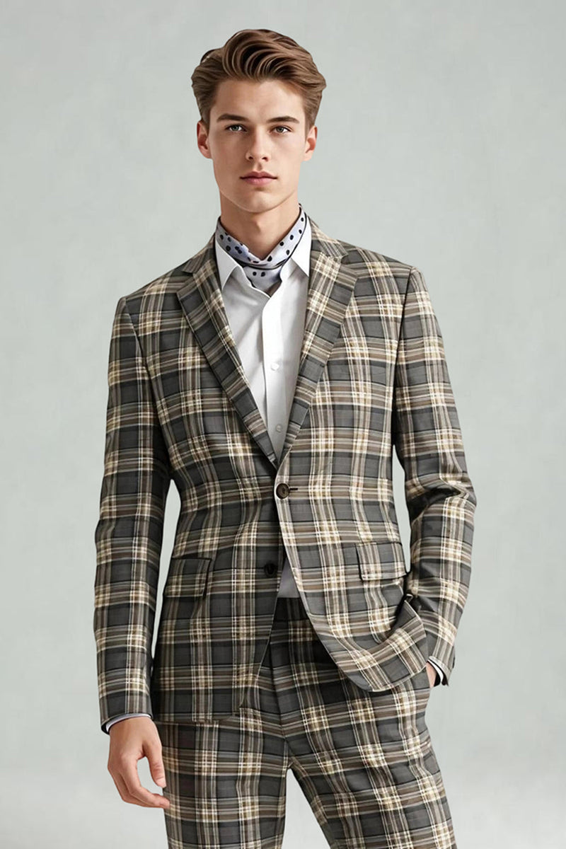 Load image into Gallery viewer, 2 Piece Brown and Grey Grid Notched Lapel Men Prom Suits