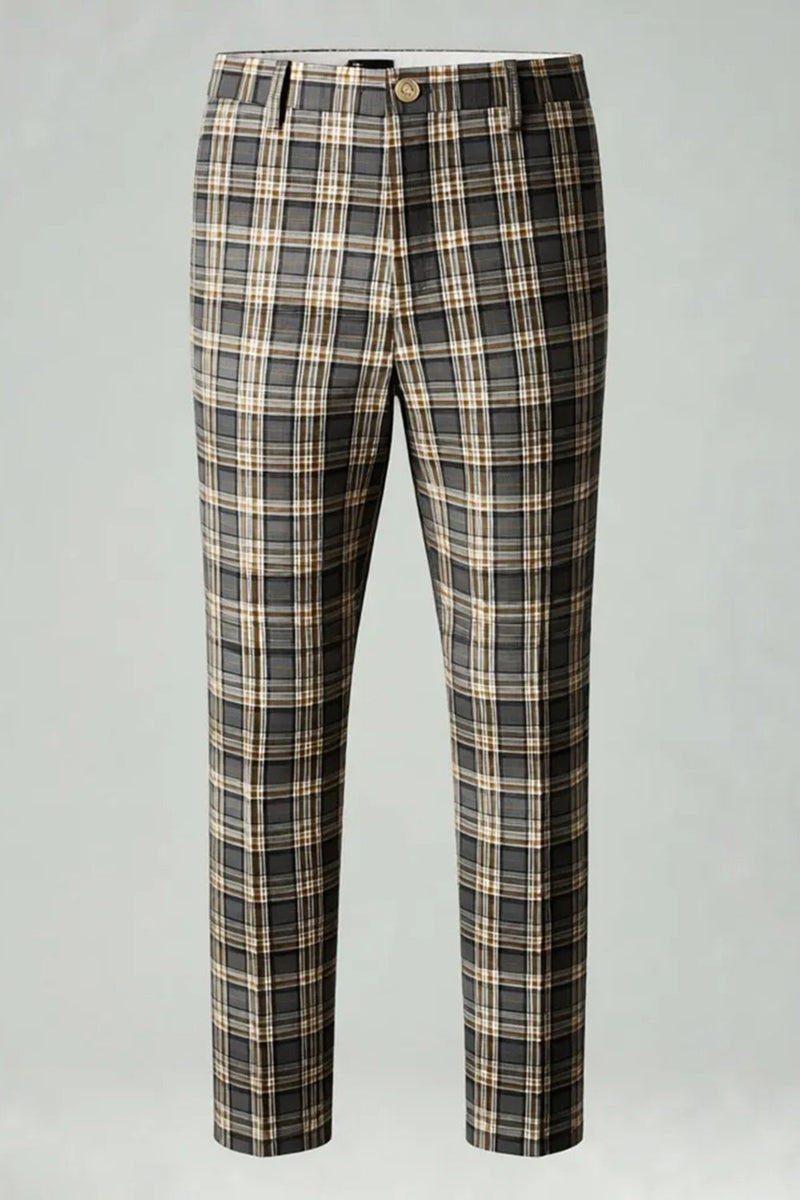 Load image into Gallery viewer, 2 Piece Brown and Grey Grid Notched Lapel Men Prom Suits