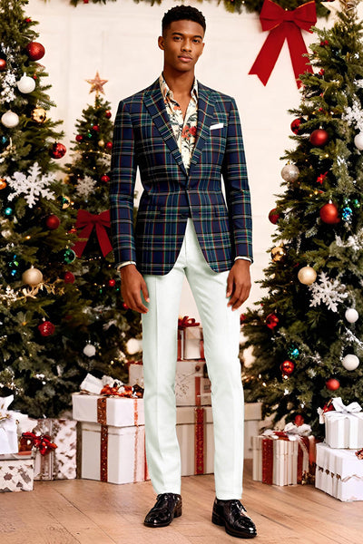 2 Piece Blue and Green Notched Lapel Grid Men Prom Suits