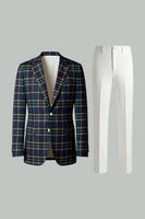 Load image into Gallery viewer, 2 Piece Blue and Green Notched Lapel Grid Men Prom Suits