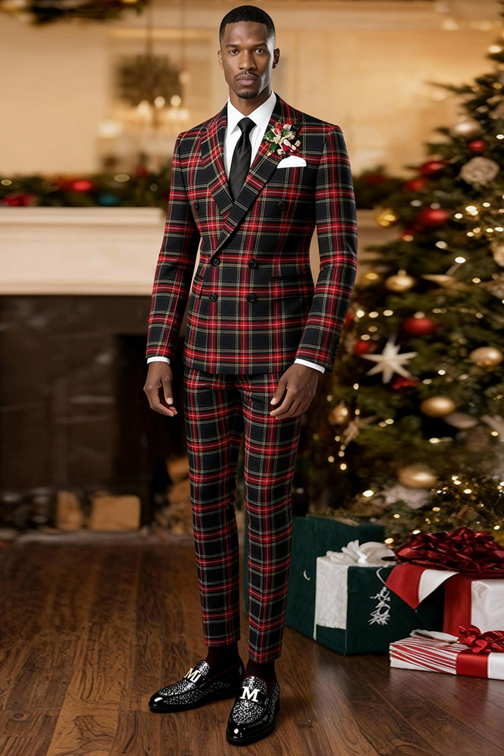 2 Piece Black and Red Grid Peak Lapel Double Breasted Men Prom Suits