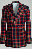 Load image into Gallery viewer, 2 Piece Black and Red Grid Peak Lapel Double Breasted Men Prom Suits
