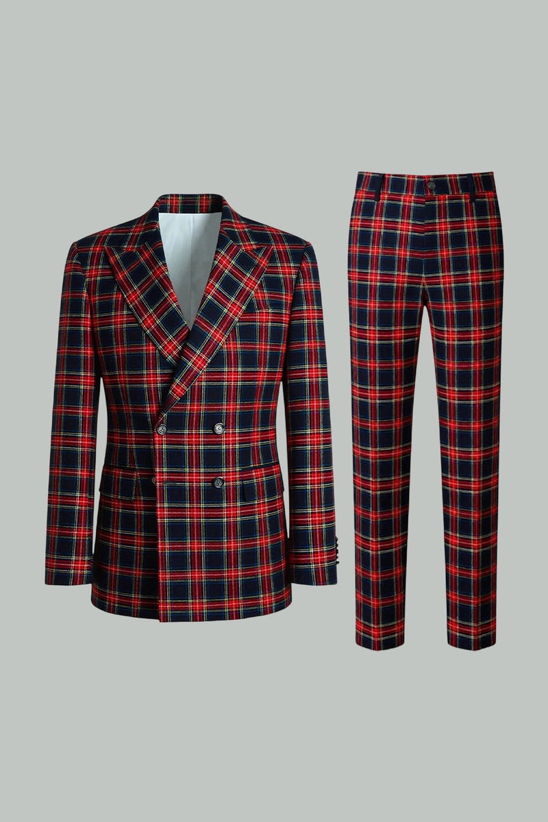 Load image into Gallery viewer, 2 Piece Black and Red Grid Peak Lapel Double Breasted Men Prom Suits