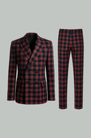 Load image into Gallery viewer, 2 Piece Black and Red Grid Peak Lapel Double Breasted Men Prom Suits