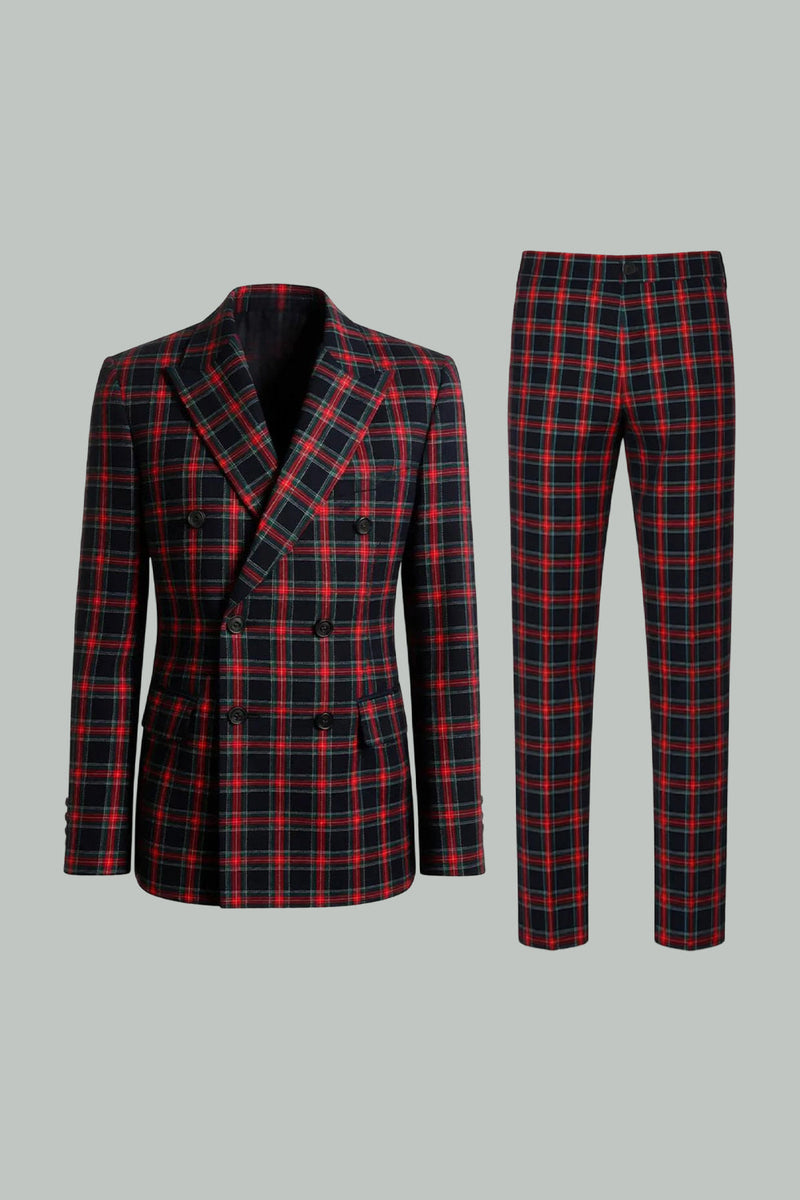 Load image into Gallery viewer, 2 Piece Black and Red Grid Peak Lapel Double Breasted Men Prom Suits