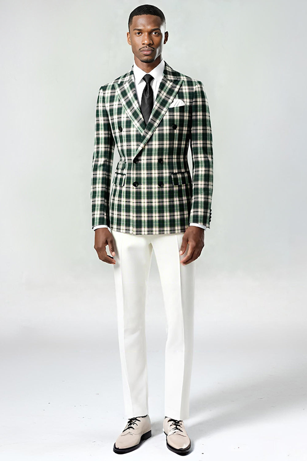 2 Piece Black and Green Peak Lapel Grid Men Prom Suits