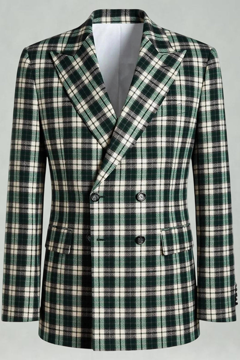 Load image into Gallery viewer, 2 Piece Black and Green Peak Lapel Grid Men Prom Suits