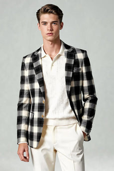 2 Piece Black and White Notched Lapel Grid Men Prom Suits