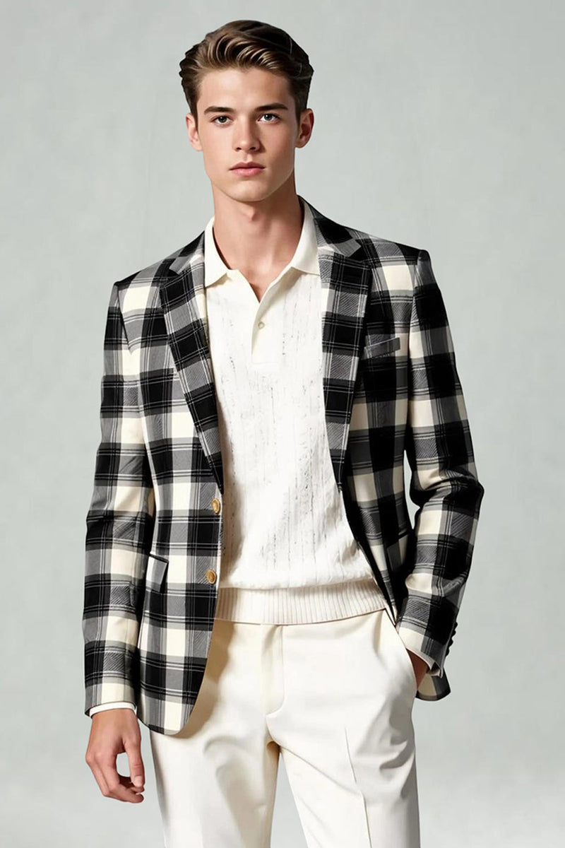 Load image into Gallery viewer, 2 Piece Black and White Notched Lapel Grid Men Prom Suits