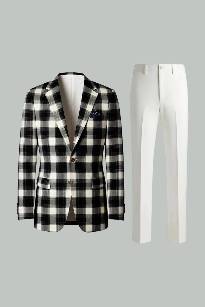 Load image into Gallery viewer, 2 Piece Black and White Notched Lapel Grid Men Prom Suits
