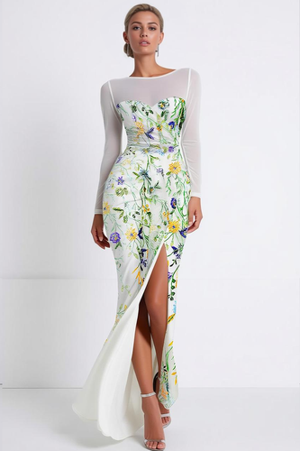 Floral Green Mermaid Boat Neck Long Sleeves Prom Dress with Slit