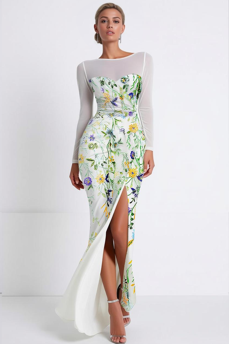 Load image into Gallery viewer, Floral Green Mermaid Boat Neck Long Sleeves Prom Dress with Slit