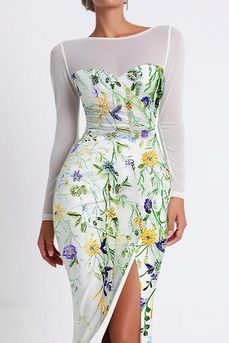 Floral Green Mermaid Boat Neck Long Sleeves Prom Dress with Slit
