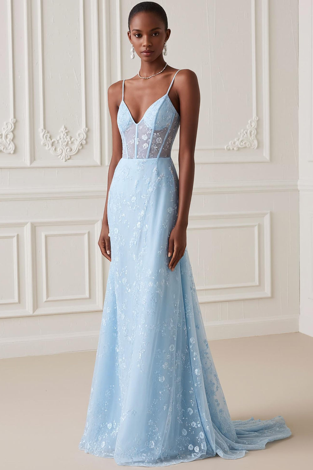 Light Blue Spaghetti Straps Mermaid Long Corset Prom Dress with Embroidery