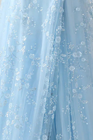 Load image into Gallery viewer, Light Blue Spaghetti Straps Mermaid Long Corset Prom Dress with Embroidery