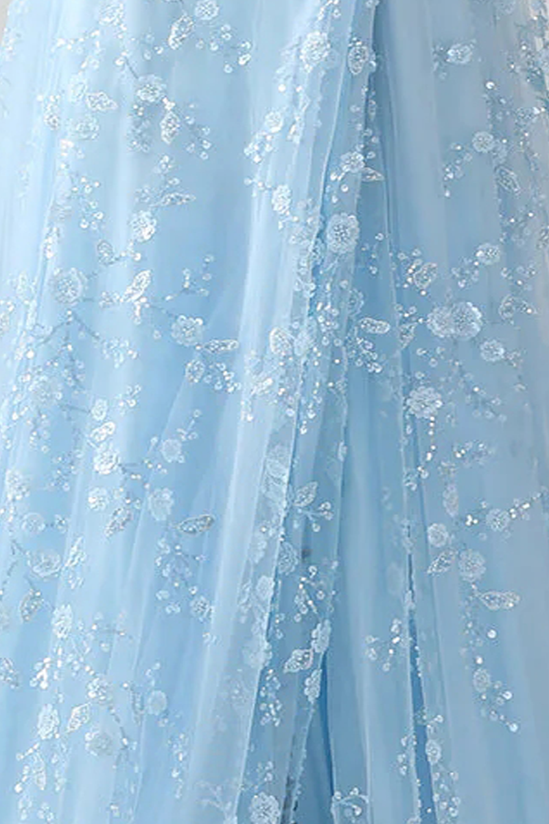 Load image into Gallery viewer, Light Blue Spaghetti Straps Mermaid Long Corset Prom Dress with Embroidery