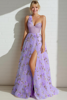 Load image into Gallery viewer, Lilac Floral A Line One Shoulder Tulle Long Prom Dress with Slit