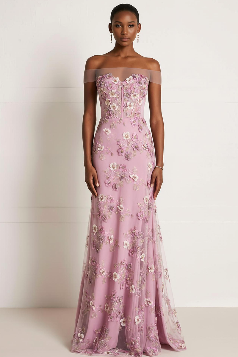 Load image into Gallery viewer, Pink Floral Off the Shoulder Mermaid Long Wedding Guest Dress with Appliques