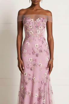 Pink Floral Off the Shoulder Mermaid Long Wedding Guest Dress with Appliques