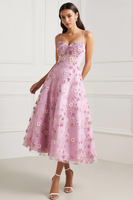 Load image into Gallery viewer, Pink Floral Spaghetti Straps Corset Midi Wedding Guest Dress with Appliques