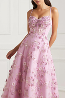 Load image into Gallery viewer, Pink Floral Spaghetti Straps Corset Midi Wedding Guest Dress with Appliques