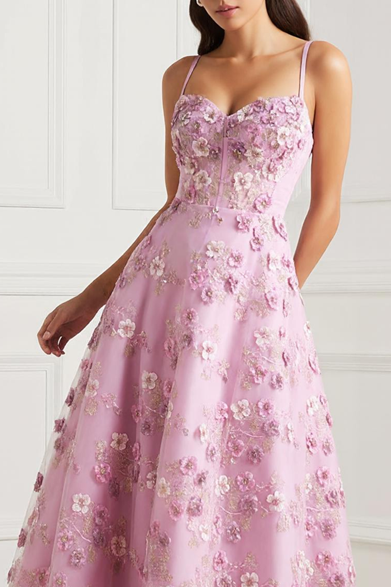 Load image into Gallery viewer, Pink Floral Spaghetti Straps Corset Midi Wedding Guest Dress with Appliques