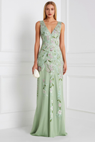 Load image into Gallery viewer, Light Green V Neck Floral Appliqued Sheath Long Wedding Guest Dress