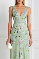 Load image into Gallery viewer, Light Green V Neck Floral Appliqued Sheath Long Wedding Guest Dress
