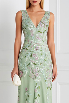 Light Green V Neck Floral Appliqued Sheath Long Wedding Guest Dress