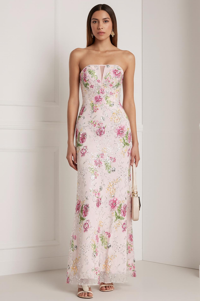 Load image into Gallery viewer, Sparkly Pink Beaded Floral Strapless Mermaid Long Wedding Guest Dress with Keyhole