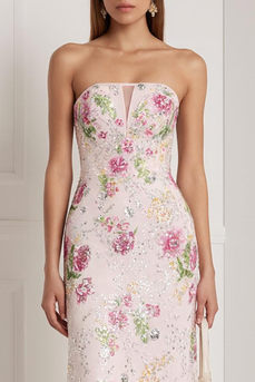 Sparkly Pink Beaded Floral Strapless Mermaid Long Wedding Guest Dress with Keyhole