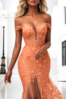 Load image into Gallery viewer, Orange Floral Mermaid Long Corset Prom Dress with Slit