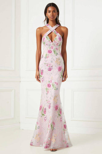 Sparkly Pink Mermaid Floral Long Wedding Guest Dress with Keyhole