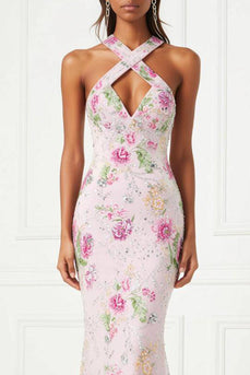 Sparkly Pink Mermaid Floral Long Wedding Guest Dress with Keyhole