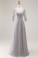 Load image into Gallery viewer, Silver A Line V-Neck Maxi Mother of the Bride Dress with Lace