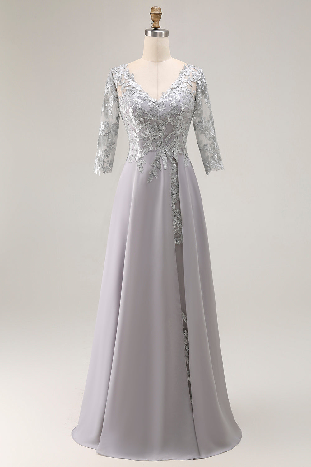 Silver A Line V-Neck Maxi Mother of the Bride Dress with Lace