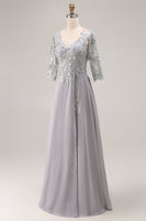 Load image into Gallery viewer, Silver A Line V-Neck Maxi Mother of the Bride Dress with Lace