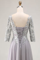 Load image into Gallery viewer, Silver A Line V-Neck Maxi Mother of the Bride Dress with Lace