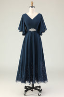 Load image into Gallery viewer, Sparkly Navy V-Neck Long Mother of the Bride Dress with Appliques