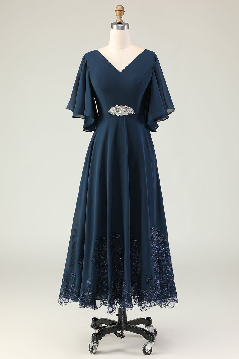 Load image into Gallery viewer, Sparkly Navy V-Neck Long Mother of the Bride Dress with Appliques