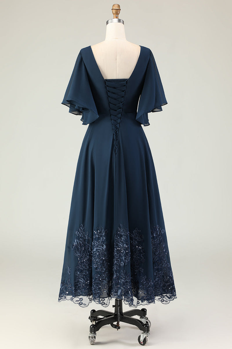 Load image into Gallery viewer, Sparkly Navy V-Neck Long Mother of the Bride Dress with Appliques