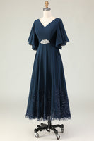Load image into Gallery viewer, Sparkly Navy V-Neck Long Mother of the Bride Dress with Appliques
