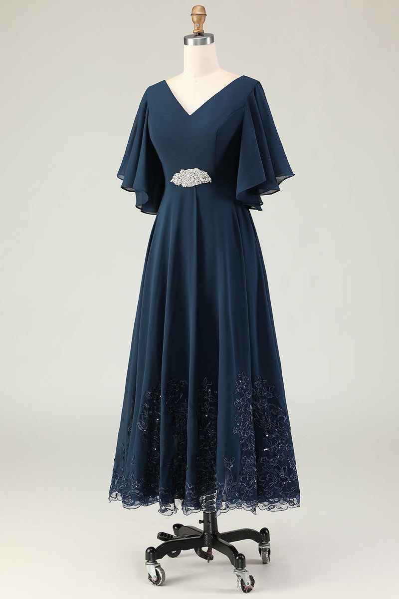 Load image into Gallery viewer, Sparkly Navy V-Neck Long Mother of the Bride Dress with Appliques