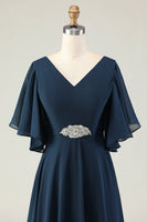 Load image into Gallery viewer, Sparkly Navy V-Neck Long Mother of the Bride Dress with Appliques
