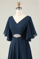 Load image into Gallery viewer, Sparkly Navy V-Neck Long Mother of the Bride Dress with Appliques