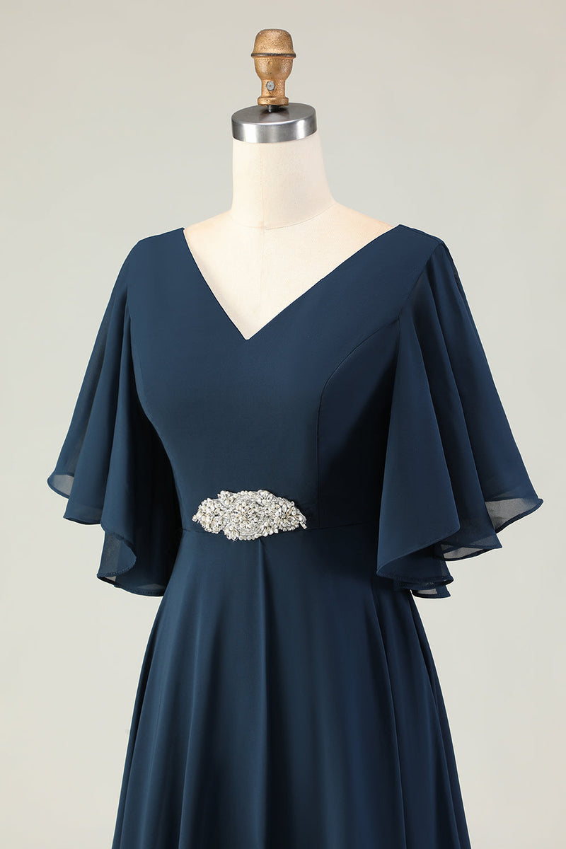 Load image into Gallery viewer, Sparkly Navy V-Neck Long Mother of the Bride Dress with Appliques