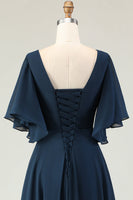 Load image into Gallery viewer, Sparkly Navy V-Neck Long Mother of the Bride Dress with Appliques