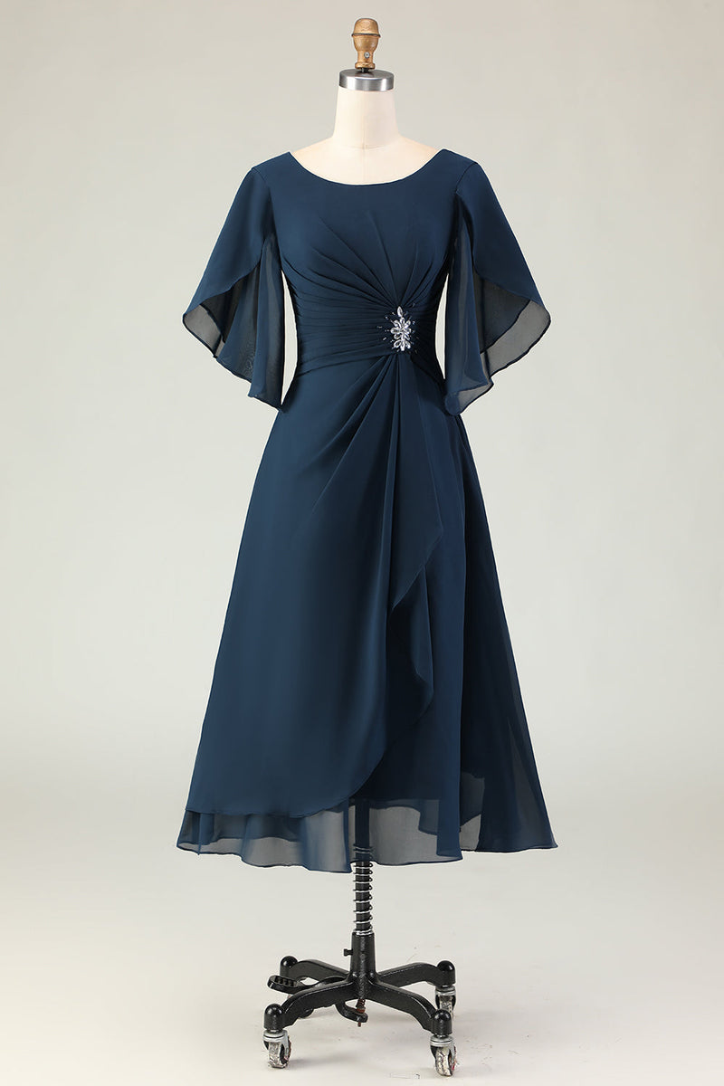 Load image into Gallery viewer, Sparkly Navy A Line Midi Beaded Mother of the Bride Dress with Sleeves