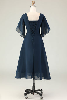 Sparkly Navy A Line Midi Beaded Mother of the Bride Dress with Sleeves