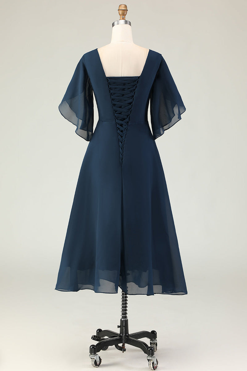 Load image into Gallery viewer, Sparkly Navy A Line Midi Beaded Mother of the Bride Dress with Sleeves